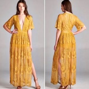 Honey Punch boho sheer lace maxi with built in shorts